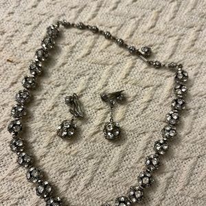 Vintage Rhinestone Choker Disco Ball Necklace and clip on earrings